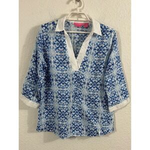 Isaac Mizrahi NY Linen Top Blue White Tile Print 3/4 Sleeve Collared M
